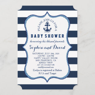 Navy Blue Stripes Nautical Theme BABY SHOWER Invitation