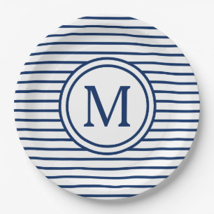 Navy Blue Stripes on White Monogram Paper Plate