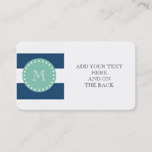 Navy Blue Stripes Pattern, Mint Green Monogram Business Card