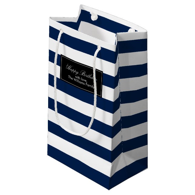 Navy Blue Stripes Pattern Personalised Small Gift Bag (Front Angled)