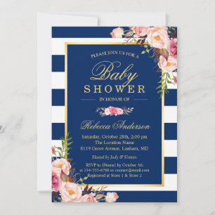 Navy Blue Stripes Pink Floral Classy Baby Shower Invitation