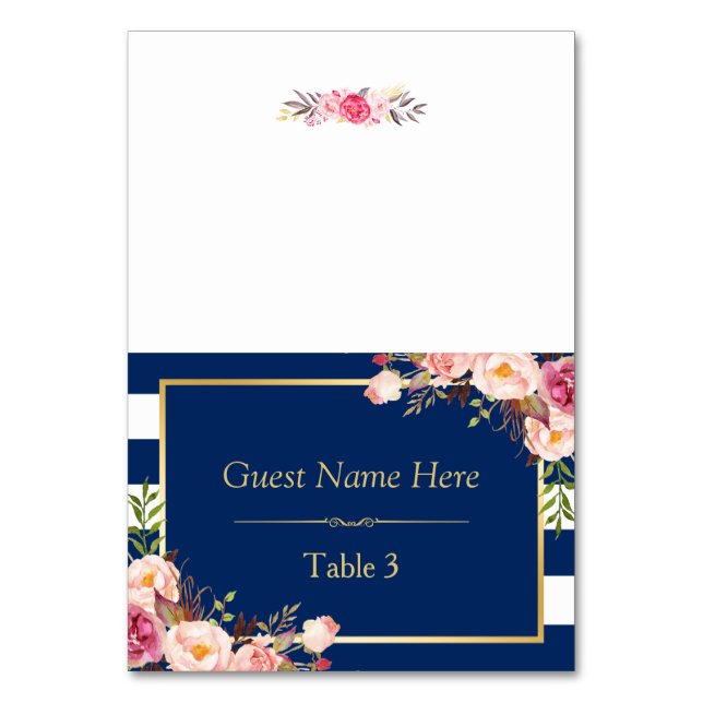 Navy Blue Stripes Pink Floral Wedding Place Table Number (Front)