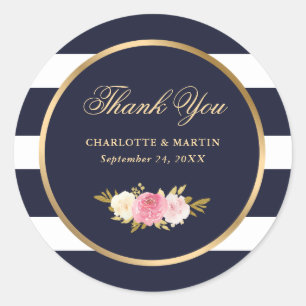 Navy Blue Stripes Pink Floral Wedding Thank You Classic Round Sticker