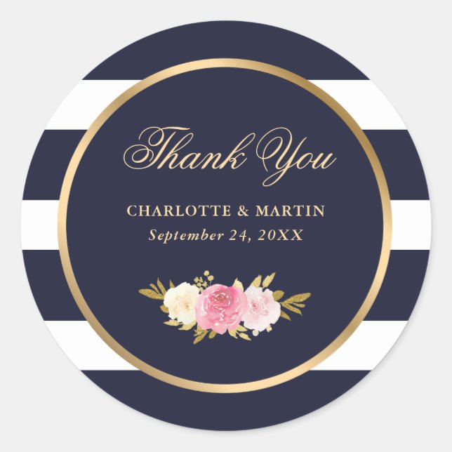 Navy Blue Stripes Pink Floral Wedding Thank You Classic Round Sticker (Front)