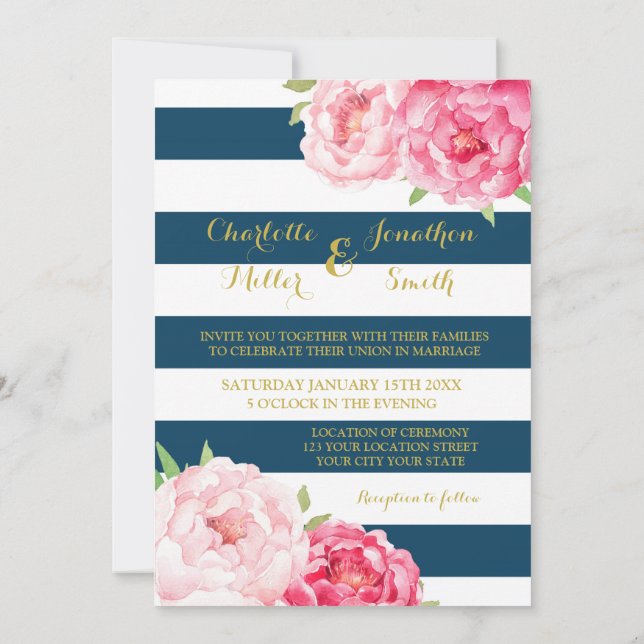 Navy Blue Stripes Pink Flowers Wedding Invitations (Back)