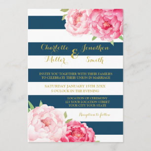 Navy Blue Stripes Pink Flowers Wedding Invitations