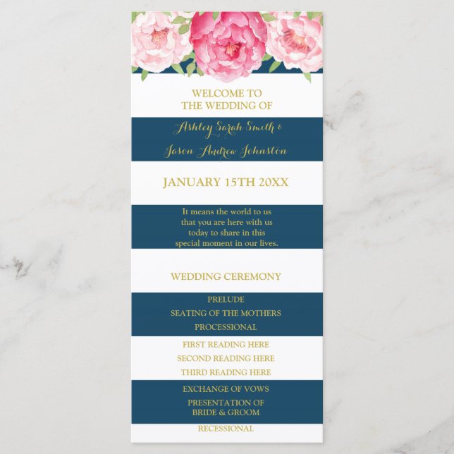 Navy Blue Stripes Pink Watercolor Wedding Program Programme (Front)