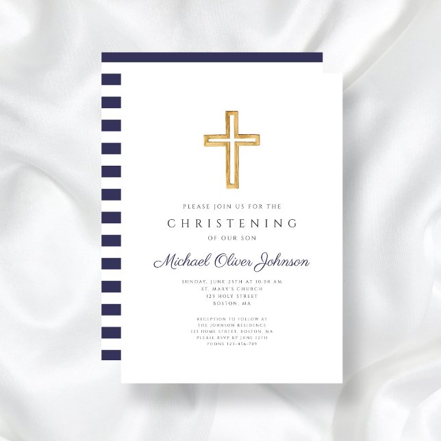 Navy Blue Stripes Religious Boy Christening Invitation (Navy Blue Stripes Religious Boy Christening Invitation)