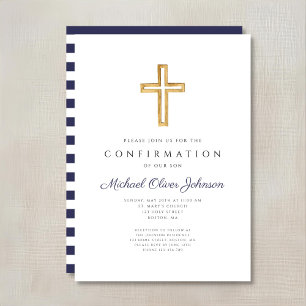 Navy Blue Stripes Religious Cross Boy Confirmation Invitation