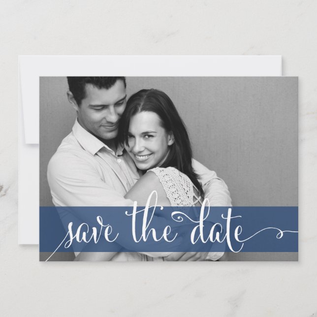 Navy Blue Stripes Save the Date Photo Announcement (Front)