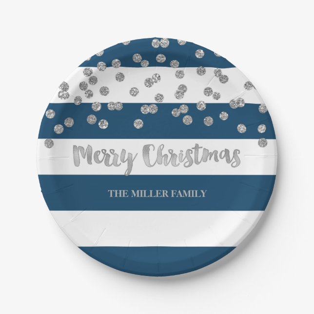 Navy Blue Stripes Silver Confetti Christmas Plates (Front)