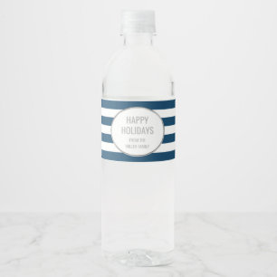 Navy Blue Stripes Silver Custom Happy Holidays Water Bottle Label