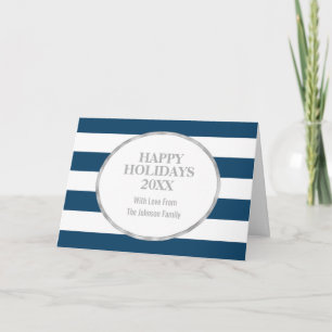 Navy Blue Stripes Silver Happy Holidays Custom Holiday Card