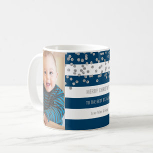 Navy Blue Stripes Silver Photo Best Dad Christmas Coffee Mug