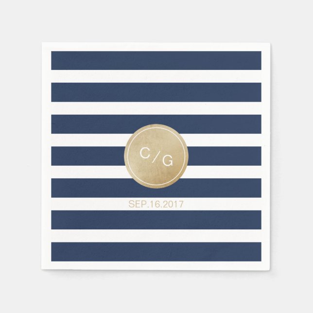 Navy blue stripes simple modern wedding monogram napkin (Front)