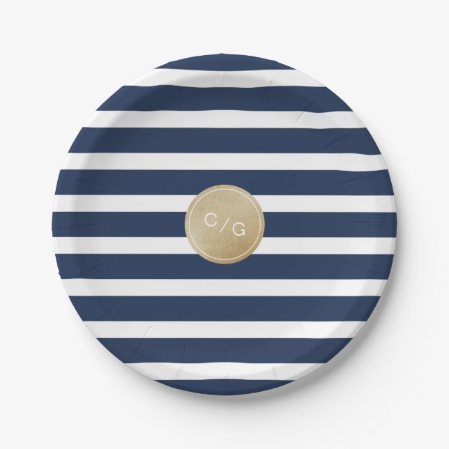 Navy blue stripes simple modern wedding monogram paper plate (Front)