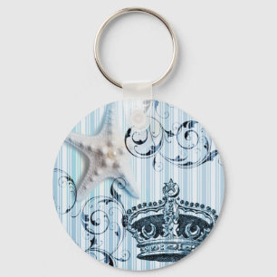 navy blue stripes starfish seashell crown nautical key ring