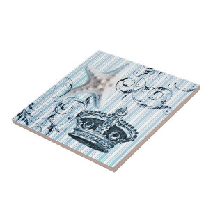 navy blue stripes starfish seashell crown nautical tile