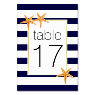 Navy blue stripes & starfish wedding table number