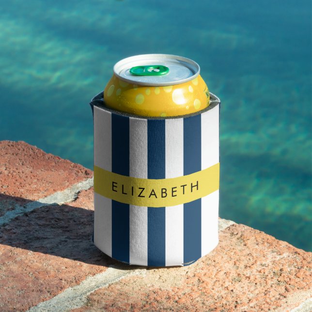 Navy Blue Stripes, Striped Pattern, Your Name Can Cooler (In Situ Pool)
