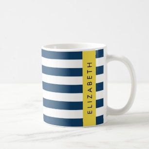 Navy Blue Stripes, Striped Pattern, Your Name Coffee Mug