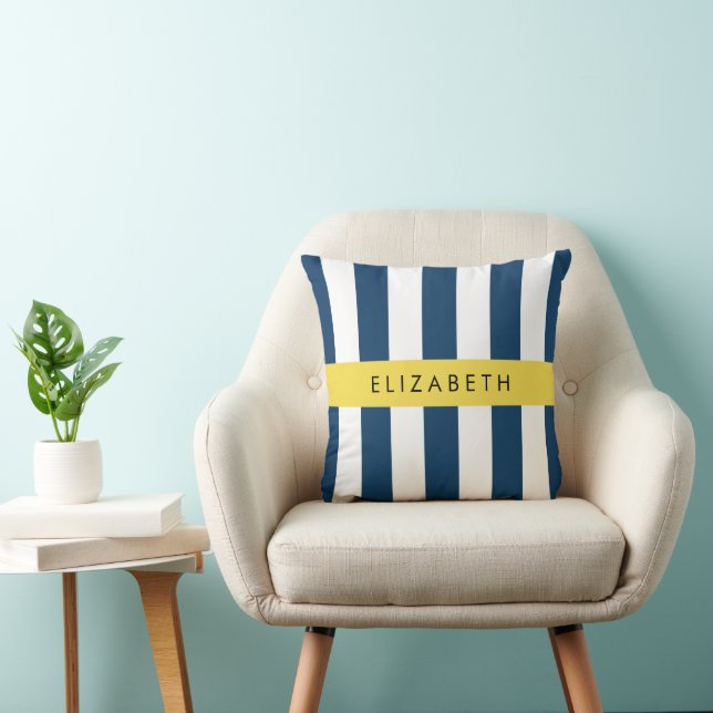 Navy Blue Stripes, Striped Pattern, Your Name Cushion (Chair)