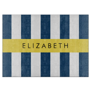 Navy Blue Stripes, Striped Pattern, Your Name Cutting Board