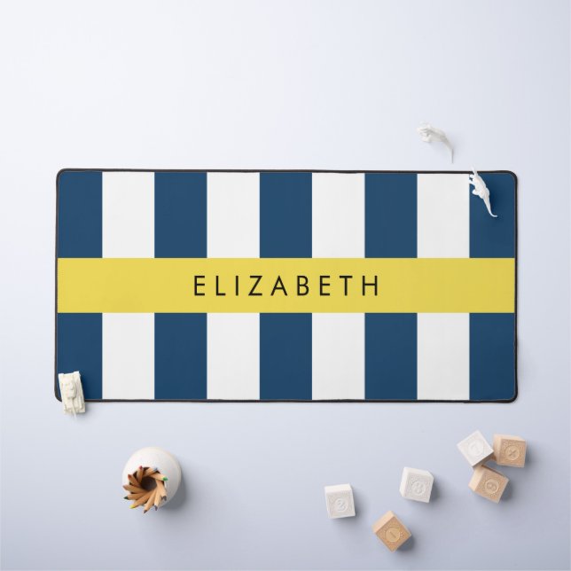 Navy Blue Stripes, Striped Pattern, Your Name Desk Mat (Kids Table)