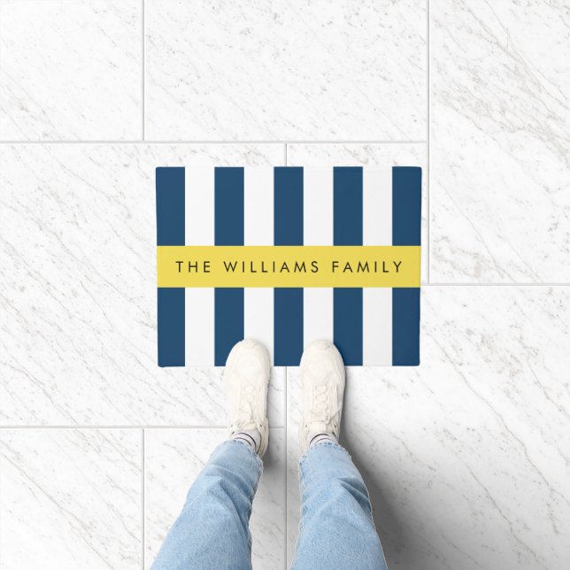 Navy Blue Stripes, Striped Pattern, Your Name Doormat (Indoor)