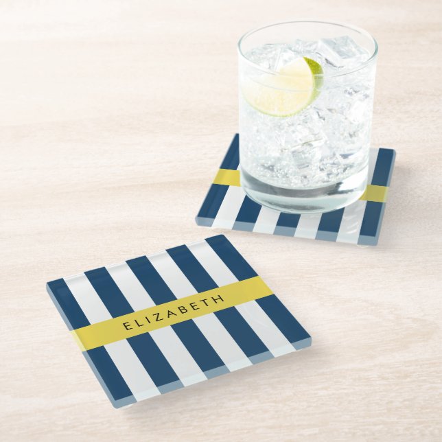 Navy Blue Stripes, Striped Pattern, Your Name Glass Coaster (Angled)