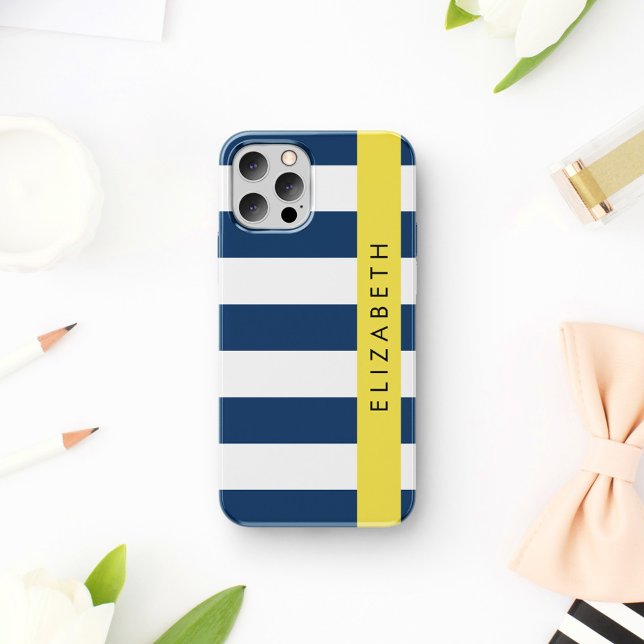 Navy Blue Stripes, Striped Pattern, Your Name iPhone 16 Case (Creator Uploaded)