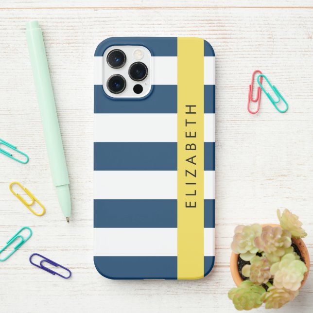 Navy Blue Stripes, Striped Pattern, Your Name iPhone Case (On Desk)