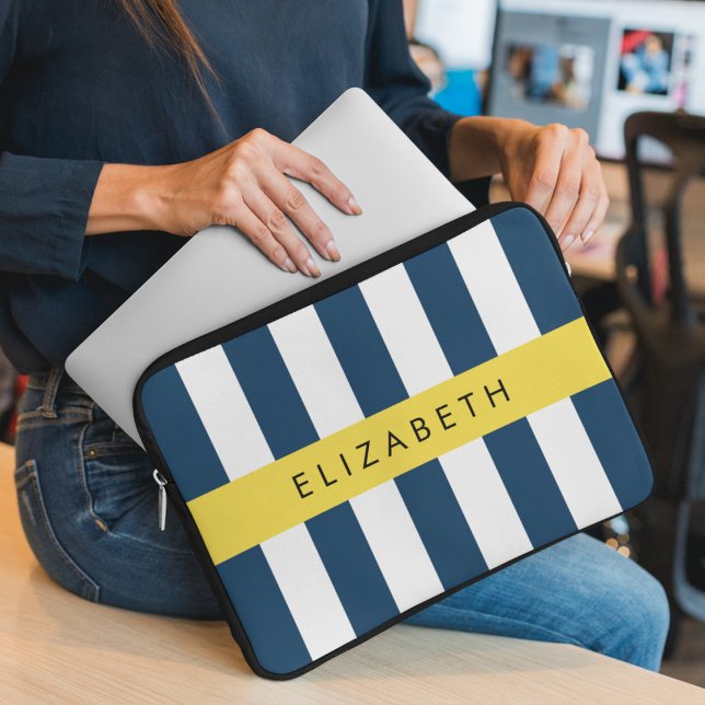 Navy Blue Stripes, Striped Pattern, Your Name Laptop Sleeve (Creator Uploaded)