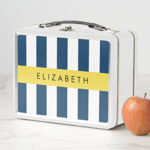 Navy Blue Stripes, Striped Pattern, Your Name Metal Lunch Box
