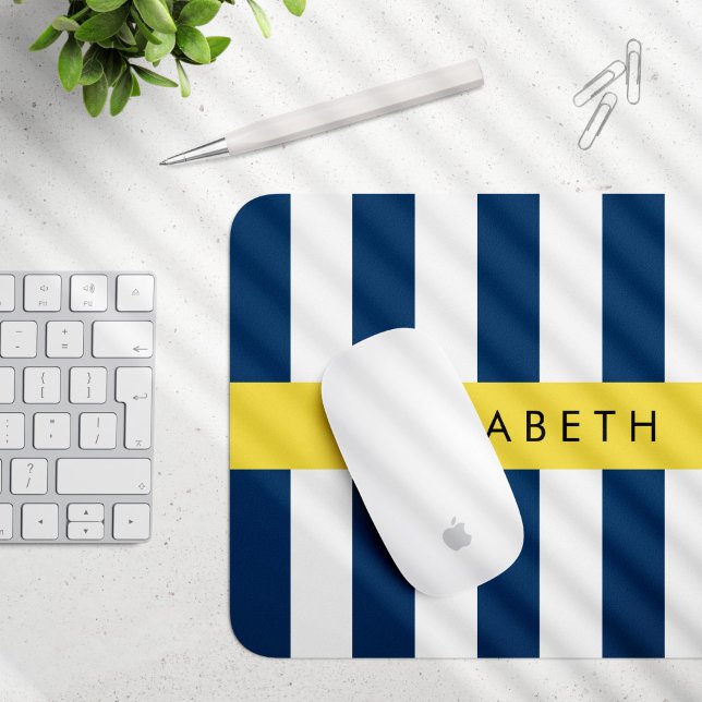 Navy Blue Stripes, Striped Pattern, Your Name Mouse Mat (Creator Uploaded)