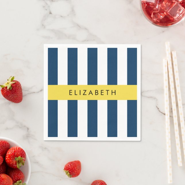 Navy Blue Stripes, Striped Pattern, Your Name Napkin (Insitu)
