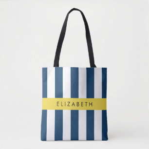 Navy Blue Stripes, Striped Pattern, Your Name Tote Bag