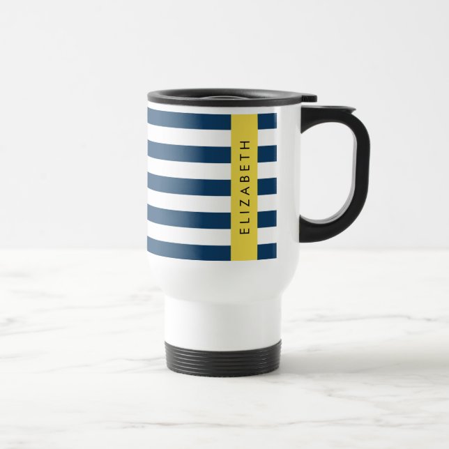 Navy Blue Stripes, Striped Pattern, Your Name Travel Mug (Right)