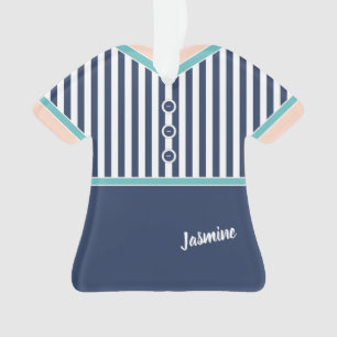 Navy Blue Stripes Teal Trim Athletic Tennis Outfit Ornament