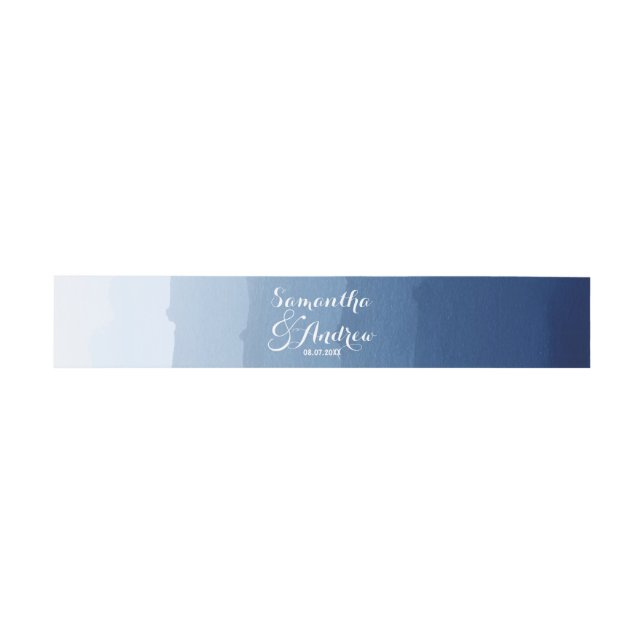 Navy blue stripes watercolor ombre wedding invitation belly band (Flat)