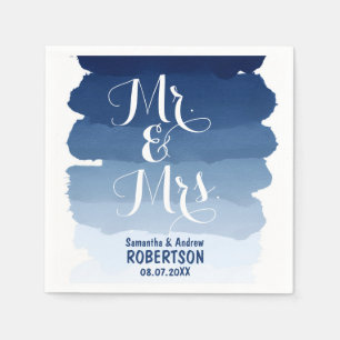 Navy blue stripes watercolor ombre wedding napkin