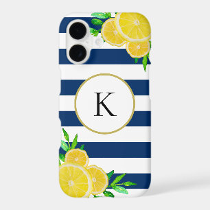 Navy Blue Stripes Watercolor Summer Lemon Monogram