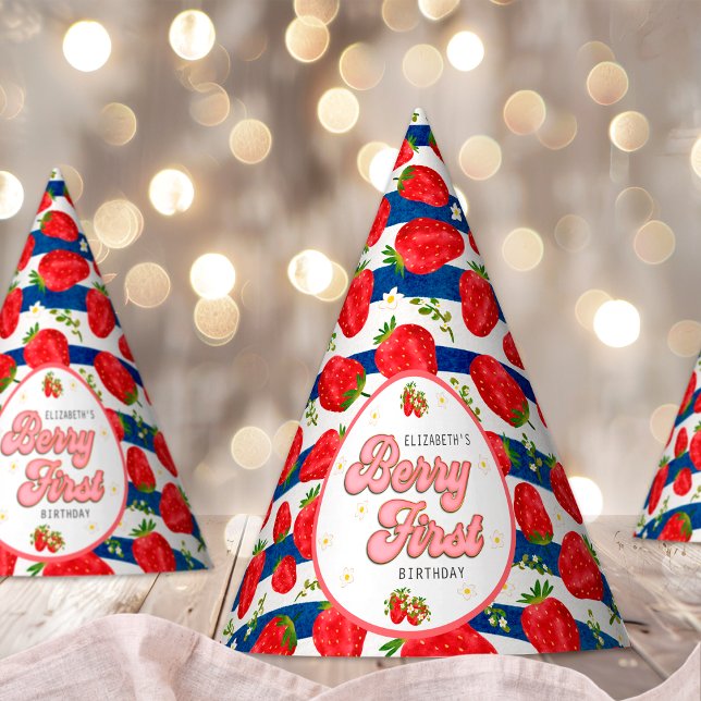 Navy Blue Stripes White 1st Birthday Berry First Party Hat (Creator Uploaded)