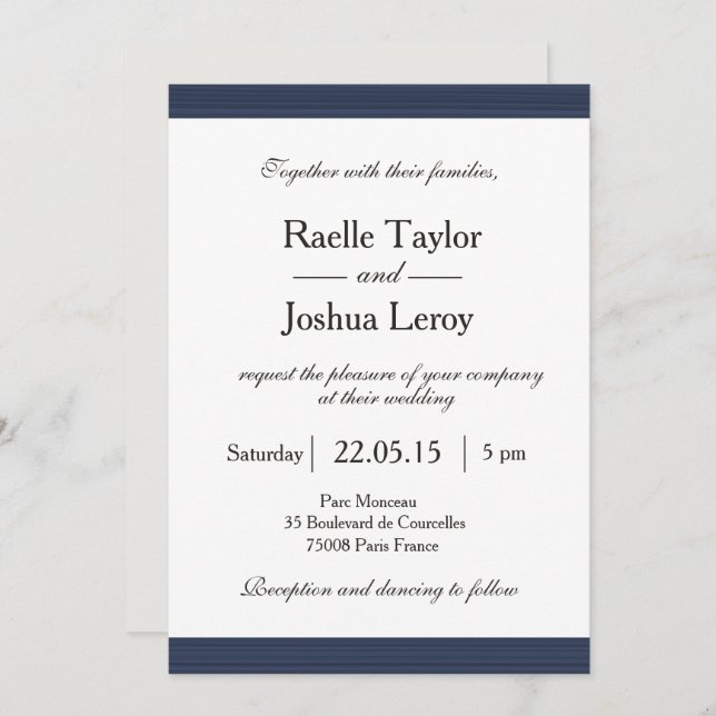 Navy blue stripes white grey wedding invitation (Front/Back)