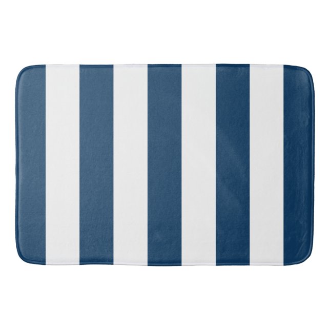 Navy Blue Stripes, White Stripes, Striped Pattern Bath Mat (Front)