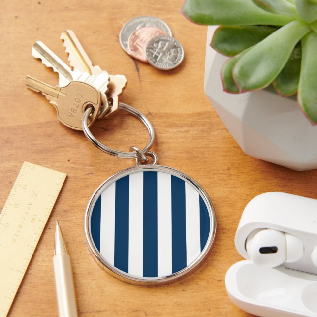 Navy Blue Stripes, White Stripes, Striped Pattern Key Ring (Desk)