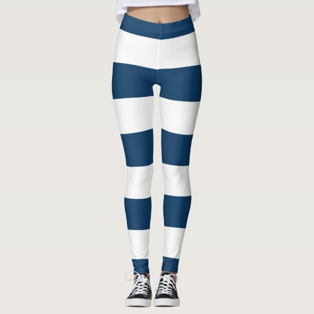 Navy Blue Stripes, White Stripes, Striped Pattern Leggings (Front)