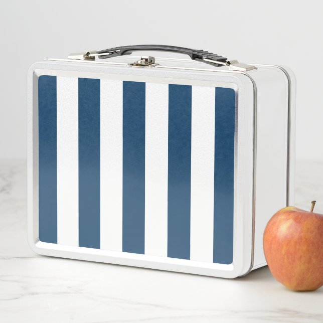 Navy Blue Stripes, White Stripes, Striped Pattern Metal Lunch Box (In Situ)