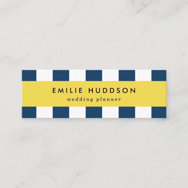 Navy Blue Stripes, White Stripes, Striped Pattern Mini Business Card (Front)