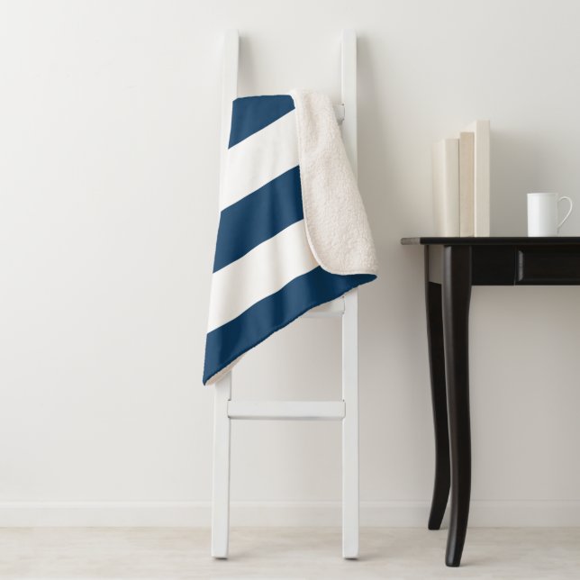 Navy Blue Stripes, White Stripes, Striped Pattern Sherpa Blanket (In Situ)